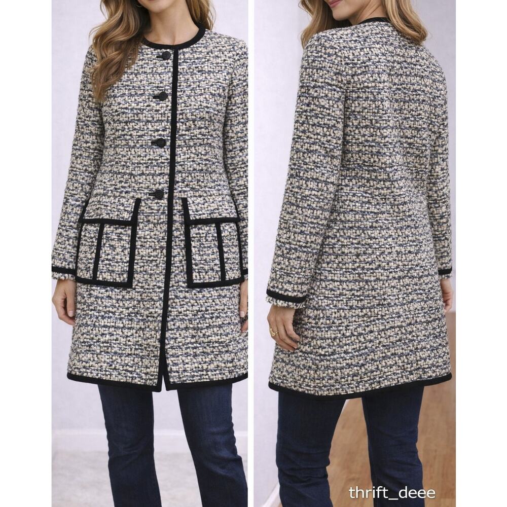 Nanette Lepore Tweed Coat Womens 2 Cream Black Designer Classic Parisian Chic